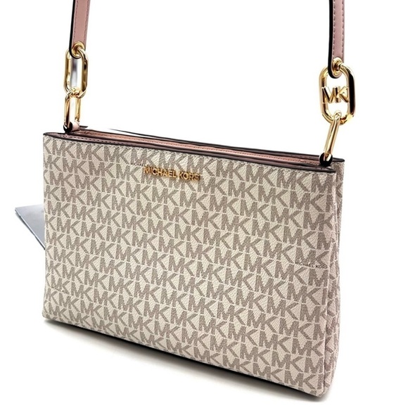 Michael Kors Trisha Medium Triple Compartment Crossbody Bag Vanilla/Light Pink - Picture 1 of 12